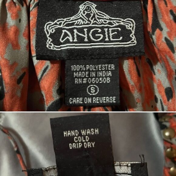 Angie One Shoulder Mini Dress Split Sleeve Feather Print Metal Bead Red Black S - Picture 9 of 10